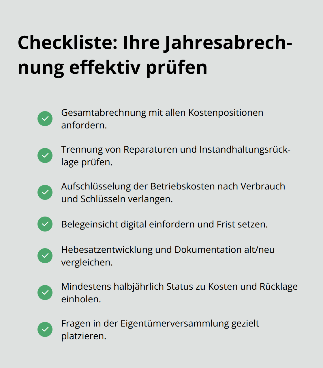 Kompakte Checkliste mit sechs Prüfpunkten für Eigentümer