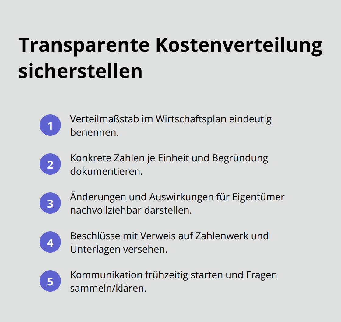 Kompakte Liste mit Schritten für eine transparente Kostenverteilung in der WEG - WEG-Verwaltung rechtssicher Bodensee