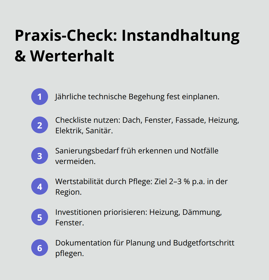 Kompakte Liste mit zentralen Instandhaltungsmaßnahmen und Effekten auf den Werterhalt - Wertbeständigkeit Immobilien Oberschwaben